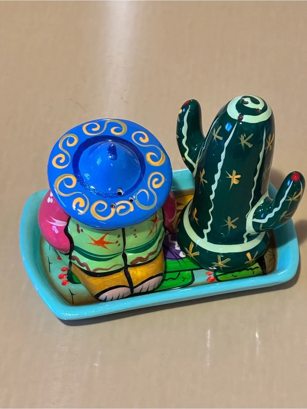 Handpainted Mexican Ceramic Salt & Pepper Shakers with Underplate